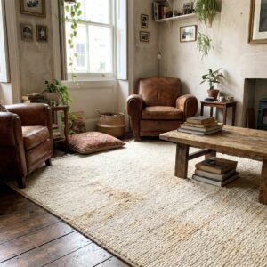 a standard loop-pile Berber rug in a lived-in Soho flat in London, with a strong Bohemian vibe