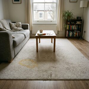 a cosy, genuinely lived-in West London third-floor flat with a light-coloured living-room carpet