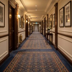 the corridor of an upscale London hotel, featuring a luxurious wall-to-wall carpeted floor with a subtle elegant pattern